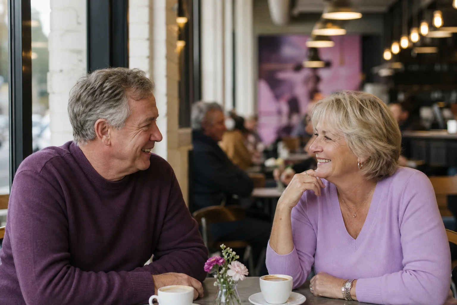 Mature couple talking over coffee in Peterborough