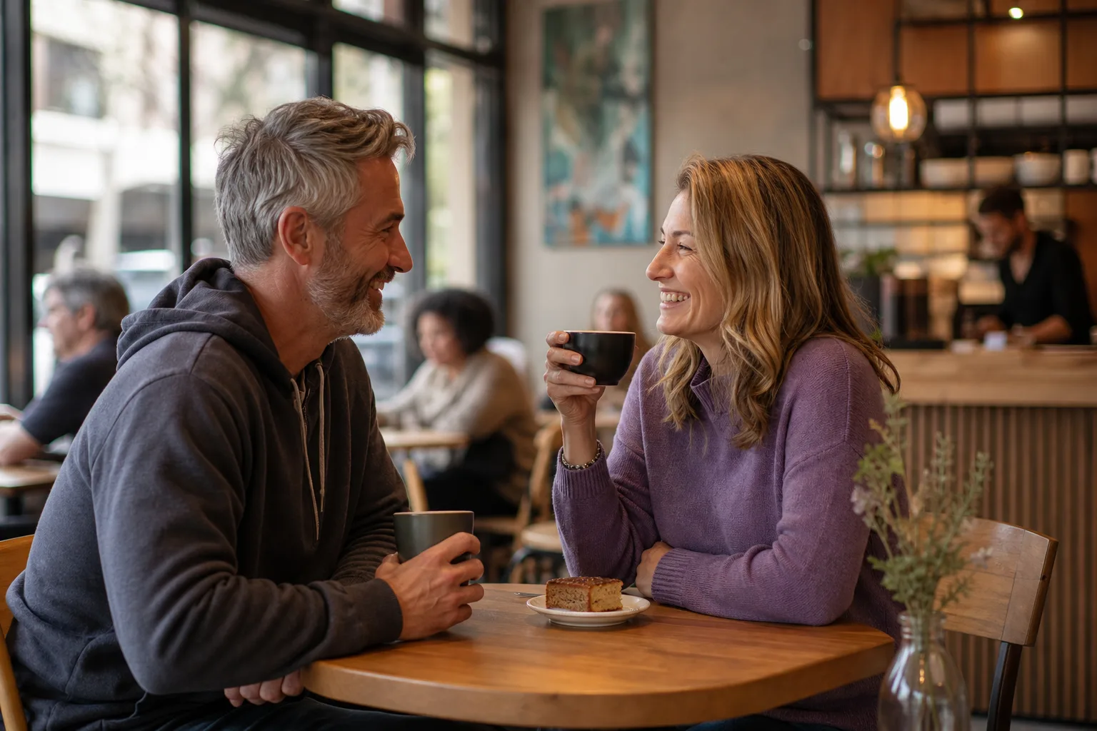 Two people talking over coffee in Gainsborough town centre