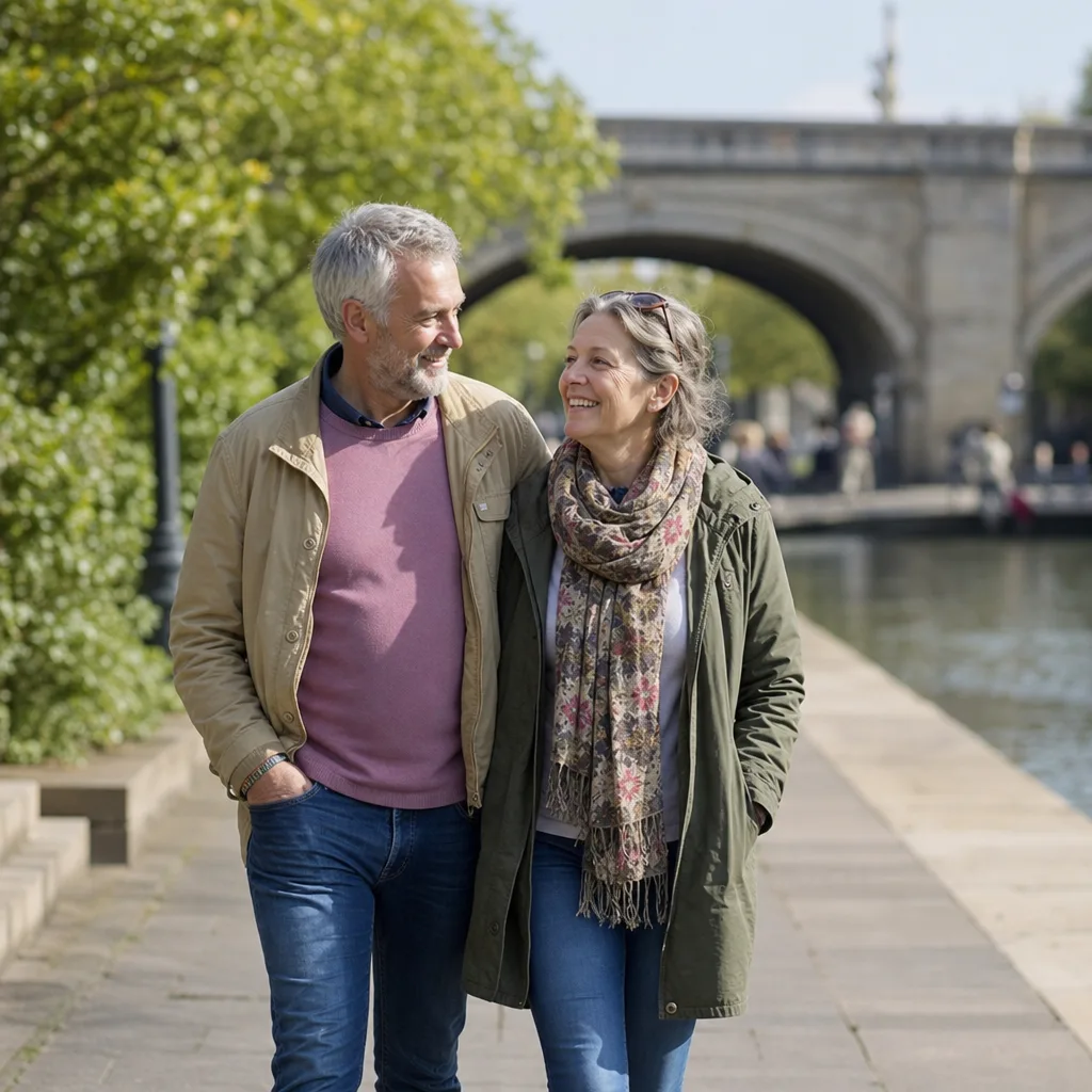 Two people over 50 walking beside the lake at Ferry Meadows