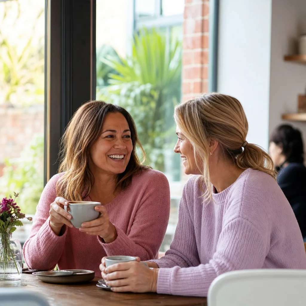 Two adults talking over coffee at a relaxed first meeting