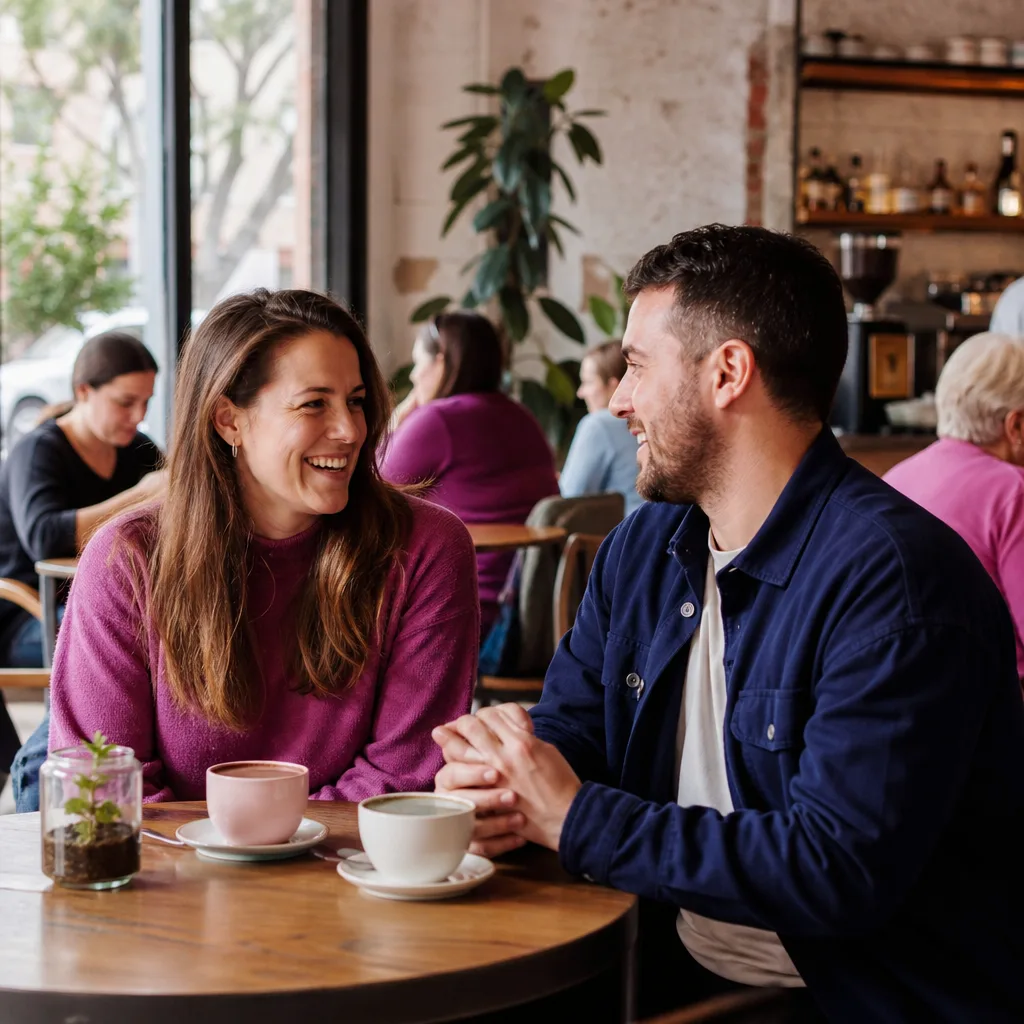 Two adults meeting at a busy public café in Gainsborough