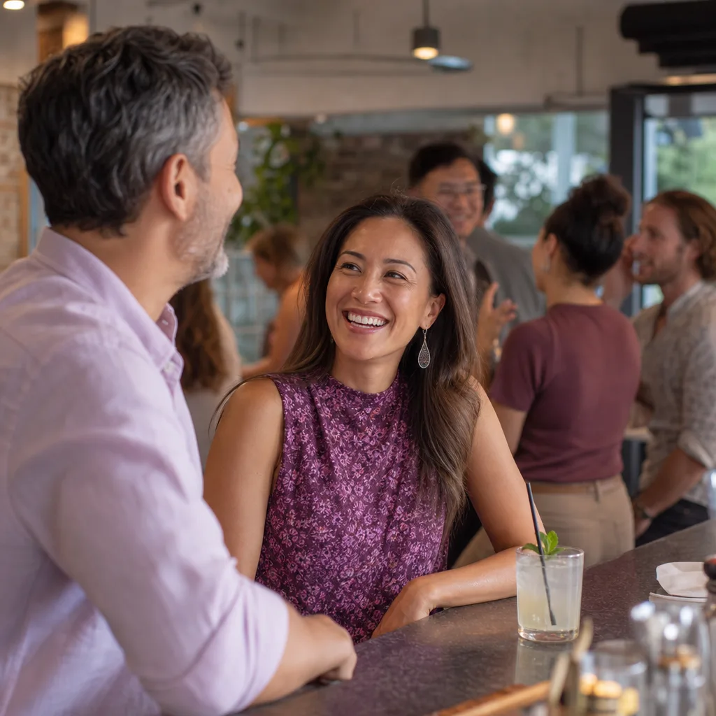 Two adults talking over drinks in a busy public Peterborough venue